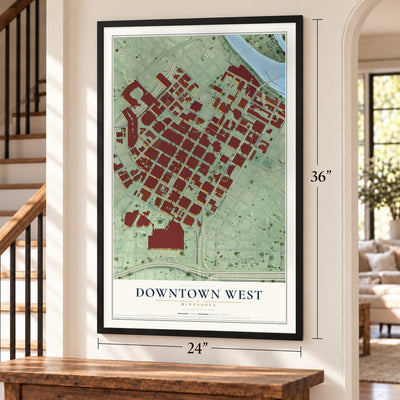 Downtown West, Minnesota map, 24 x 36 inch print in a black frame by a staircase