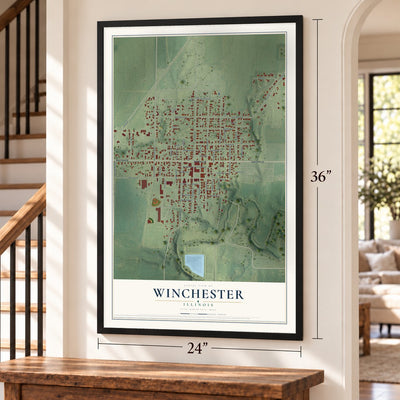 Winchester, Illinois map, 24 x 36 inch print in a black frame by a staircase