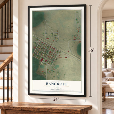 Bancroft, Idaho map, 24 x 36 inch print in a black frame by a staircase