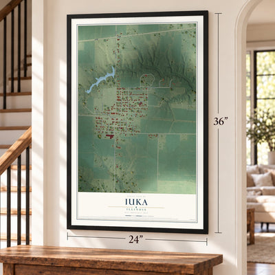 Iuka, Illinois map, 24 x 36 inch print in a black frame by a staircase