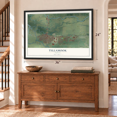Tillamook, Oregon map, 24 x 36 inch print in a black frame above a dresser by a staircase
