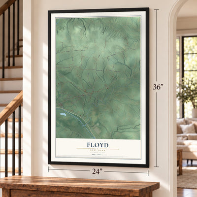 Floyd, New York map, 24 x 36 inch print in a black frame by a staircase