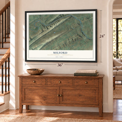 Milford, Juniata County, Pennsylvania map, 24 x 36 inch print in a black frame above a dresser by a staircase