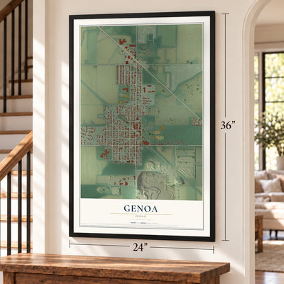 Genoa, Ohio map, 24 x 36 inch print in a black frame by a staircase