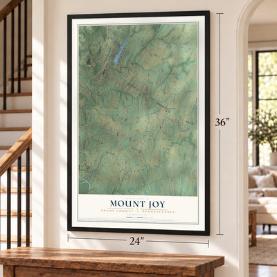 Mount Joy, Adams County, Pennsylvania map, 24 x 36 inch print in a black frame by a staircase