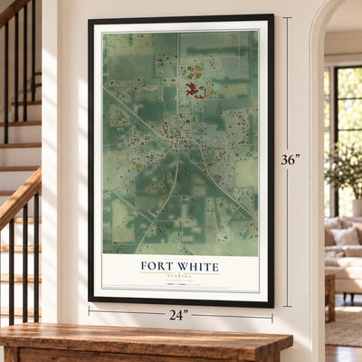 Fort White, Florida map, 24 x 36 inch print in a black frame by a staircase