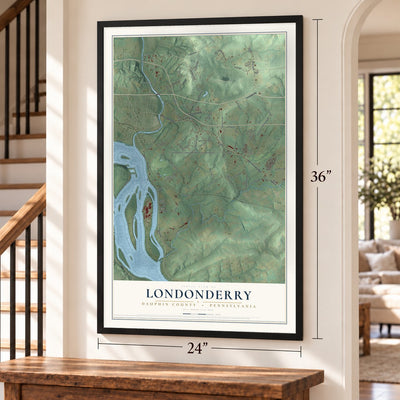 Londonderry, Dauphin County, Pennsylvania map, 24 x 36 inch print in a black frame by a staircase