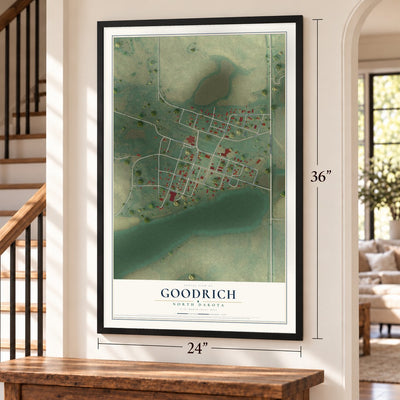 Goodrich, North Dakota map, 24 x 36 inch print in a black frame by a staircase