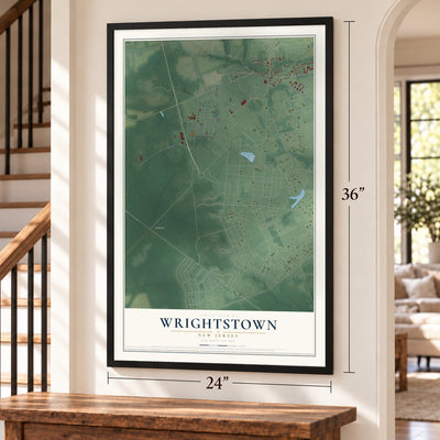 Wrightstown, New Jersey map, 24 x 36 inch print in a black frame by a staircase