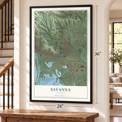 Savanna, Illinois map, 24 x 36 inch print in a black frame by a staircase