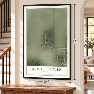 North Lilbourn, Missouri map, 24 x 36 inch print in a black frame by a staircase