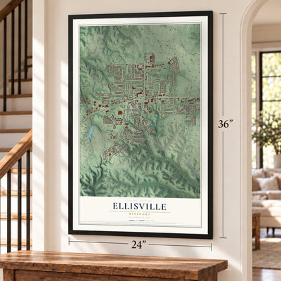 Ellisville, Missouri map, 24 x 36 inch print in a black frame by a staircase
