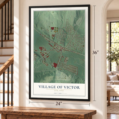 Village of Victor, New York map, 24 x 36 inch print in a black frame by a staircase