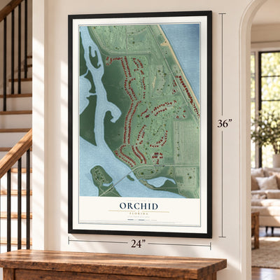 Orchid, Florida map, 24 x 36 inch print in a black frame by a staircase