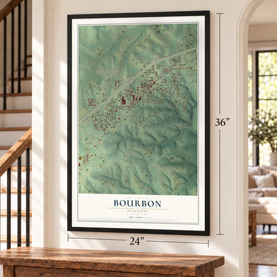 Bourbon, Missouri map, 24 x 36 inch print in a black frame by a staircase
