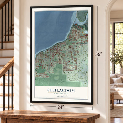Steilacoom, Washington map, 24 x 36 inch print in a black frame by a staircase