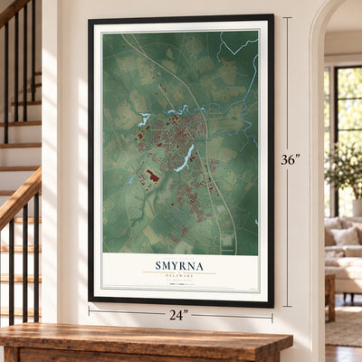 Smyrna, Delaware map, 24 x 36 inch print in a black frame by a staircase