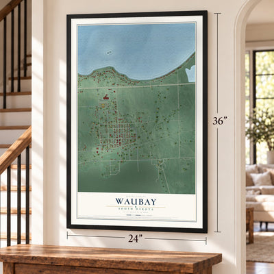 Waubay, South Dakota map, 24 x 36 inch print in a black frame by a staircase