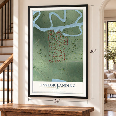 Taylor Landing, Texas map, 24 x 36 inch print in a black frame by a staircase