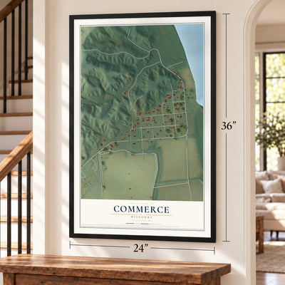 Commerce, Missouri map, 24 x 36 inch print in a black frame by a staircase