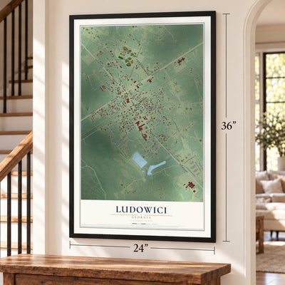 Ludowici, Georgia map, 24 x 36 inch print in a black frame by a staircase