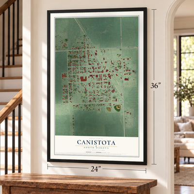 Canistota, South Dakota map, 24 x 36 inch print in a black frame by a staircase