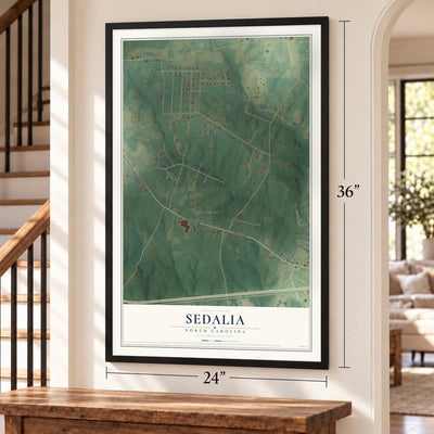 Sedalia, North Carolina map, 24 x 36 inch print in a black frame by a staircase