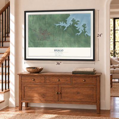 Hugo, Oklahoma map, 24 x 36 inch print in a black frame above a dresser by a staircase