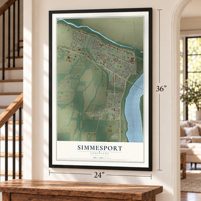 Simmesport, Louisiana map, 24 x 36 inch print in a black frame by a staircase