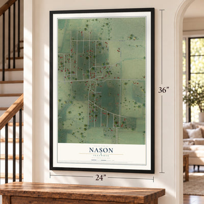 Nason, Illinois map, 24 x 36 inch print in a black frame by a staircase