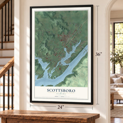 Scottsboro, Alabama map, 24 x 36 inch print in a black frame by a staircase