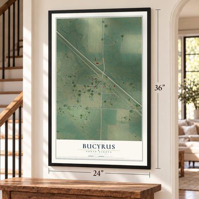 Bucyrus, North Dakota map, 24 x 36 inch print in a black frame by a staircase