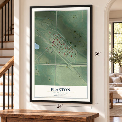 Flaxton, North Dakota map, 24 x 36 inch print in a black frame by a staircase