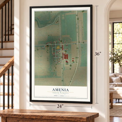 Amenia, North Dakota map, 24 x 36 inch print in a black frame by a staircase