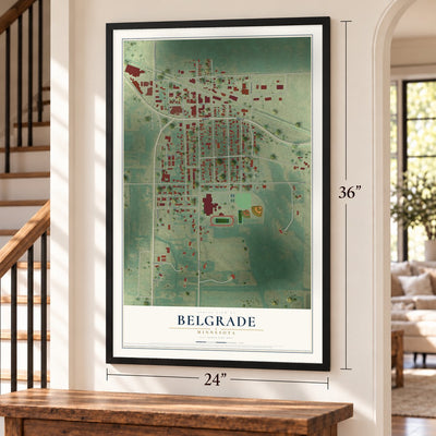 Belgrade, Minnesota map, 24 x 36 inch print in a black frame by a staircase