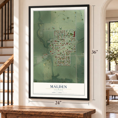 Malden, Illinois map, 24 x 36 inch print in a black frame by a staircase