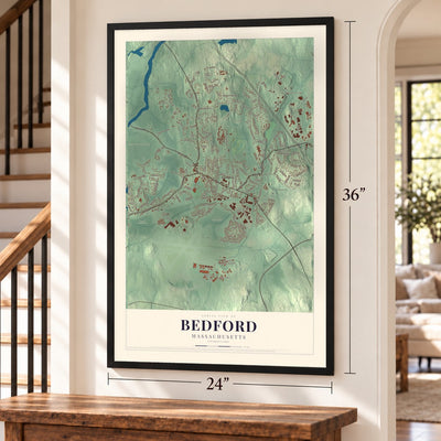 Bedford, Massachusetts map, 24 x 36 inch print in a black frame by a staircase