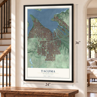 Tacoma, Washington map, 24 x 36 inch print in a black frame by a staircase