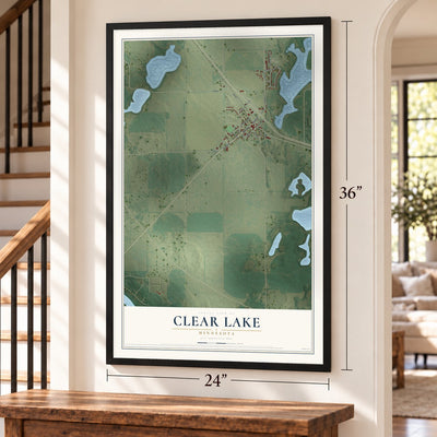 Clear Lake, Minnesota map, 24 x 36 inch print in a black frame by a staircase
