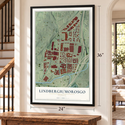 Lindbergh-Morosgo, Georgia map, 24 x 36 inch print in a black frame by a staircase