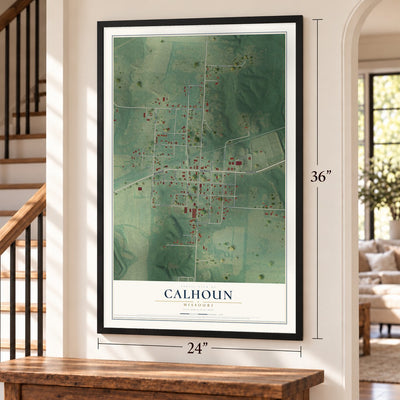 Calhoun, Missouri map, 24 x 36 inch print in a black frame by a staircase