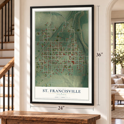 St. Francisville, Illinois map, 24 x 36 inch print in a black frame by a staircase
