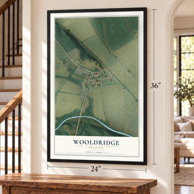 Wooldridge, Missouri map, 24 x 36 inch print in a black frame by a staircase