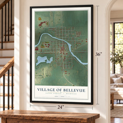 Bellevue, Michigan map, 24 x 36 inch print in a black frame by a staircase