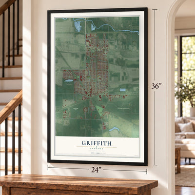 Griffith, Indiana map, 24 x 36 inch print in a black frame by a staircase