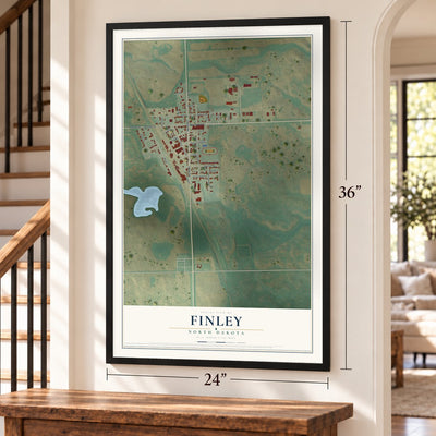 Finley, North Dakota map, 24 x 36 inch print in a black frame by a staircase