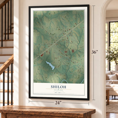 Shiloh, Alabama map, 24 x 36 inch print in a black frame by a staircase