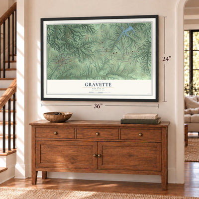 Gravette, Arkansas map, 24 x 36 inch print in a black frame above a dresser by a staircase