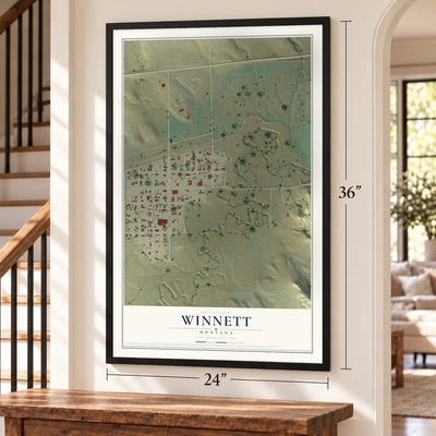 Winnett, Montana map, 24 x 36 inch print in a black frame by a staircase
