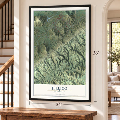 Jellico, Tennessee map, 24 x 36 inch print in a black frame by a staircase